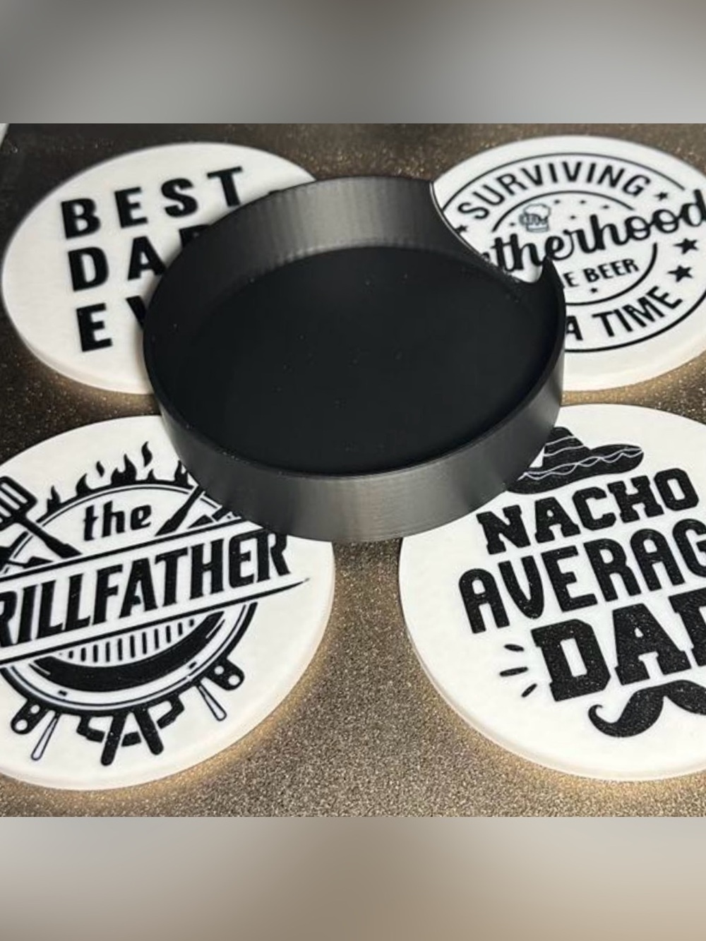 3D Printed Father’s Day Theme Coaster Set of 4 with Holder
